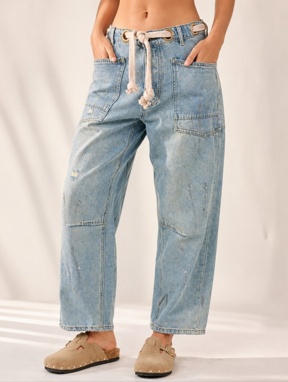 BiBi Paint Splatter Barrel Leg Jeans Womens Large Rope Tie Utility Denim NWT